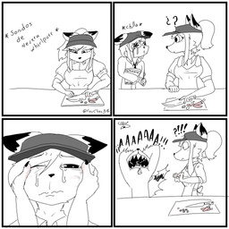 anthro apron apron_skirt bodily_fluids character_prepared_as_food chili clothing cooking crying dessert duo female food hat headgear headwear humor ice_cream knife male male/female pain sad spanish tears tears_of_pain text foxchen chen_(foxchen) fem_(foxchen) canid canine fox mammal comic hi_res meme spanish_text