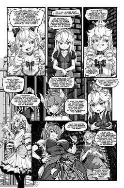 abs armband armwear bars big_breasts black_sclera bracelet breasts choker claws clothing collar crown dialogue dress ear_piercing elbow_gloves eyelashes eyewear female finger_claws frilly frilly_clothing gesture glasses gloves hair hair_drills hand_gesture handwear hat headgear headwear jewelry laced_clothing lip_fang loli long_eyelashes long_hair magic_staff messy_hair necklace piercing pointing pointy_ears puffy_sleeves ribbons shell small_breasts small_waist speech_bubble spiked_armband spiked_bracelet spiked_collar spiked_shell spikes spikes_(anatomy) stone_wall strapless_clothing strapless_dress super_crown tail text wall_(structure) wizard_hat wizard_robe young pencils_(artist) luigi's_mansion mario_bros nintendo bowser jugem_(pencils) kamek king_boo boo_(mario) ghost human humanoid koopa magikoopa mammal scalie spirit absurd_res comic english_text greyscale hi_res monochrome