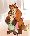 anthro apron brown_body brown_fur clothing duo fur hug hugging_another hugging_from_behind humanoid_hands male male/male overweight overweight_male shirt topwear opferziege disney zootopia gideon_grey travis_(zootopia) black-footed_ferret canid canine fox mammal mustelid musteline red_fox true_fox true_musteline weasel 2017