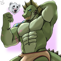 abs anthro arm_scar biceps blood blue_eyes blush bodily_fluids brown_clothing brown_underwear bulge chest_scar chin_spikes clothed clothing facial_spikes fist flexing flexing_bicep frill_(anatomy) fur green_body grin head_crest head_frill jaw_spikes logo looking_at_another male male/male muscular muscular_anthro muscular_male navel nosebleed pecs scar serratus simple_background smile spiked_tail spikes spikes_(anatomy) tail teeth underwear underwear_only white_body white_fur yellow_teeth toraxhiro dungeons_and_dragons hasbro wizards_of_the_coast erenok_(kilyion) titan_(kilyion) bear lizardfolk_(dnd) lizardman mammal polar_bear scalie ursine 1:1 2025 artist_logo digital_media_(artwork) half-length_portrait hi_res portrait