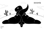 anthro anus balls big_butt black_body black_scales butt cactus cloud desert gameplay_mechanics genitals humanoid_genitalia humanoid_penis looking_at_viewer looking_back lying male nude on_front on_ground penis plant presenting presenting_anus presenting_hindquarters rear_view scales score solo spread_legs spreading thick_thighs white_eyes golde google google_chrome dinosaur_(google_chrome) dinosaur prehistoric_species reptile scalie theropod tyrannosaurid tyrannosauroid tyrannosaurus tyrannosaurus_rex 3:2 digital_media_(artwork) hi_res monochrome