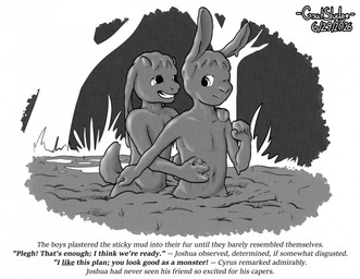 anthro dirty duo hand_on_another's_shoulder hand_on_shoulder horn male mud mud_covered muddy nude one_eye_closed scut_tail short_tail smile tail text wam goatsludge cyrus_mackenzie bovid caprine goat lagomorph leporid mammal rabbit 2026 english_text hi_res monochrome