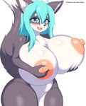 anthro areola big_breasts blue_eyes blue_hair blush breasts female fluffy fluffy_tail fur genitals hair happy huge_breasts long_hair looking_at_viewer multicolored_body multicolored_fur nipple_fetish nipple_pinch nipple_play nipples nude pinch pussy slightly_chubby slightly_chubby_female smile solo tail two_tone_body two_tone_fur soulkibble hanul canid canine canis domestic_dog mammal absurd_res hi_res