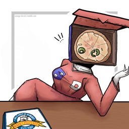 box breasts cheese cloak clothing container dairy_products dress female food for_a_head furniture logo logo_on_clothing medium_breasts pizza pizza_box pointed_tail raised_arm red_clothing red_dress shocked simple_background sitting solo symbol table text white_body alberto_omega domino's_pizza mark's_pizzeria fan_character humanoid object_head 1:1 artist_name signature
