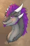 black_body black_fur brown_background fur grey_body grey_ears grey_fur hair horn multicolored_body multicolored_fur purple_body purple_eyes purple_fur purple_hair purple_tongue simple_background solo tongue tongue_out lavaar mythology nebulous dragon mythological_creature mythological_scalie scalie headshot_portrait hi_res portrait