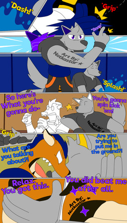 anthro bottomwear clothing dialogue duo fight inside male male/male pants shirt solo text topwear water conditional_dnp notkastar zatch_(notkastar) canid canine canis felid lizard mammal pantherine reptile scalie tiger wolf 4:7 animated animated_comic comic english_text hi_res high_framerate multiple_scenes