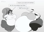 anthro belly big_belly big_breasts big_butt blush bottomwear breasts butt clothing copyright_symbol duo female hair huge_belly huge_breasts huge_thighs hyper hyper_belly hyper_pregnancy navel obese obese_anthro obese_female open_mouth outie_navel overweight overweight_anthro overweight_female pants pregnant shirt shorts speech_bubble symbol text thick_thighs topwear satsumalord jessica_(excelsus101) terry_(satsumalord) canid canine canis chipmunk domestic_dog ground_squirrel mammal rodent sciurid 2014 digital_media_(artwork) english_text hi_res monochrome