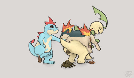 ambiguous_gender ambiguous_pooping anthro anus blue_body claws enjoying_the_go eyes_closed feces feces_on_ground feces_pile feral fire green_body grey_background group leaf lying_on_another narrowed_eyes on_one_leg open_mouth pooping pooping_on_floor pooping_together raised_tail red_body scatplay simple_background smile snaggle_teeth standing tail tan_body text trio yellow_body jadeder nintendo pokemon bayleef croconaw generation_2_pokemon pokemon_(species) quilava 2026 artist_name dated hi_res