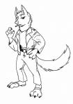 anthro betty_(weaver) bottomwear canid canine canis cigarette clothing denim denim_bottomwear denim_clothing disney female hi_res jacket jeans mammal monochrome pack_street pants smoking solo topwear wolf zootopia