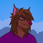 anthro brown_body brown_fur brown_hair clothing ear_piercing ear_tuft facial_hair fur goatee hair long_hair male piercing pink_nose red_eyes shirt solo t-shirt topwear tuft sleepy.inkzzz kariatenma mammal procyonid raccoon 1:1 2022 hi_res traditional_media_(artwork)