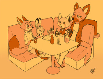 anthro arm_grab arm_tuft beer_mug bendy_straw beverage_can biped buckteeth candle cheek_tuft choker clothed clothing cocktail_glass container crossed_legs cup dipstick_ears dipstick_tail drinking_glass drinking_straw ear_markings elbow_tuft eyes_closed facial_markings facial_tuft female flower furniture glass glass_container glass_cup gloves_(marking) group hand_on_shoulder head_markings head_tuft inner_ear_fluff jacket jewelry leg_markings male markings multicolored_ears multicolored_tail neck_tuft necklace open_clothing open_jacket open_topwear orange_background pawpads plant shirt simple_background sitting socks_(marking) striped_markings striped_tail stripes table tail tail_markings tear_(marking) teeth topwear tuft vase robcivecat aggretsuko disney sanrio zootopia haida_(aggretsuko) judy_hopps nick_wilde retsuko ailurid canid canine fox hyena lagomorph leporid mammal rabbit red_fox red_panda spotted_hyena true_fox 2021 crossover orange_theme signature