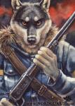 2012 5_fingers ambiguous_gender anthro blotch canid canine canis clothed clothing domestic_dog fingers gun lever_action looking_at_viewer male mammal nordguard orange_sclera pointer ranged_weapon rifle solo weapon