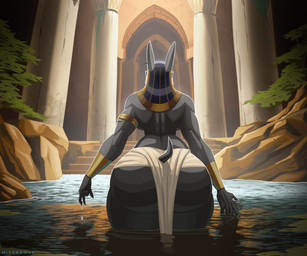anthro big_breasts big_butt bottomwear bracelet breasts butt circlet claws clothed clothing detailed_background doorway dripping dripping_wet ear_piercing ear_ring ears_up egyptian egyptian_clothing egyptian_headdress female fur grey_body grey_fur hand_in_water headdress huge_butt huge_hips huge_thighs jewelry loincloth long_ears muscular muscular_female partially_submerged piercing pillar plant rear_view reflection rim_light ring_piercing rock small_tail solo stairs standing_in_water tail thick_thighs topless topless_female water wide_hips hiverdose egyptian_mythology middle_eastern_mythology mythology unnamed_character canid canine canis jackal mammal digital_media_(artwork) hi_res