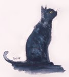 black_body black_fur female feral fur looking_up side_view sitting solo tail whiskers pspspsy domestic_cat felid feline felis mammal hi_res watercolor_(artwork)