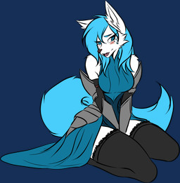 anthro armor blue_clothing blue_dress blue_eyes blush clothing dress female front_view grin happy kneeling legwear looking_up magic_user markings robe royalty sitting smile solo stockings submissive tattoo teasing snowiefeather thermia_(character) canid canine canis fox hybrid mammal wolf alpha_channel
