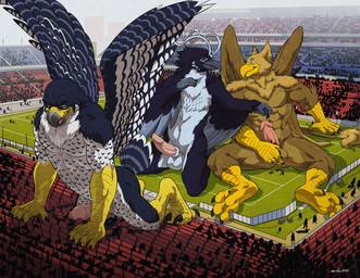 5_fingers abs anthro balls beak biceps brown_body brown_fur building building_penetrated claws destruction erection extreme_size_difference feathered_wings feathers feet finger_claws fingers fur genitals group humanoid_genitalia humanoid_penis macro male muscular muscular_anthro muscular_male nude open_mouth outside pecs penile penis rampage size_difference sky smile stadium tail toe_claws toes trio white_body wings wfa mythology carpo corvidius_(character) kurrikage avian bird falcon falconid gryphon mythological_avian mythological_creature