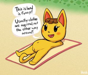 anthro beach beach_mat black_sclera blush brown_hair dialogue eyelashes female female_anthro fur genitals hair loli lying navel nude on_back pointy_ears prick_ears simple_background solo speech_bubble text vulva yellow_body yellow_fur young young_anthro young_female heshieokf animal_crossing nintendo katie_(animal_crossing) domestic_cat felid feline felis mammal 2023 digital_drawing_(artwork) digital_media_(artwork) english_text hi_res