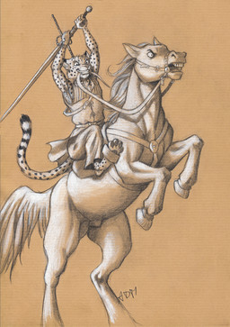 4_toes 5_fingers animal_genitalia anthro arms_above_head belt bottomwear bracelet bridle clenched_teeth clothed clothing duo eunuch feet feral fingers fully_sheathed fur genitals holding_melee_weapon holding_object holding_sword holding_weapon hooves jewelry looking_forward male mane markings melee_weapon mouth_hold open_mouth pants pawpads reins riding saddle sheath spots spotted_body spotted_fur spotted_markings spotted_tail stirrups striped_markings striped_tail stripes sword tack tail tail_markings teeth toes topwear vest weapon white_sheath zweihander 0laffson enorach_(0laffson) cheetah equid equine felid feline horse mammal 2020 hi_res signature toned_paper traditional_media_(artwork)