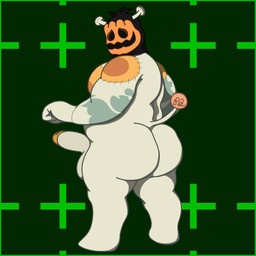 anthro balls belly big_butt big_chest big_muscles big_pecs black_head butt erection fist for_a_head genitals humanoid_genitalia humanoid_penis looking_back male markings musclegut muscular orange_body pecs penis pumpkin_head small_tail smile solo spots spotted_body tail white_body waniiime deltarune undertale_(series) jackenstein darkner monster object_head patchwork_creature patchwork_monster 1:1 2025 hi_res