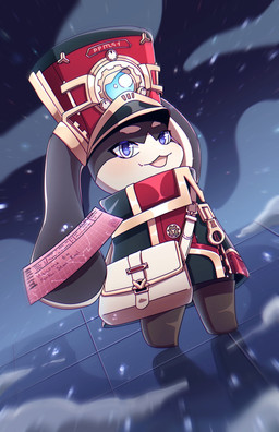 ambiguous_gender anthro black_body blue_eyes blush clothed clothing conductor detailed_background hat headgear headwear long_ears multicolored_body open_mouth solo ticket topwear two_tone_body white_body kaenviii honkai:_star_rail mihoyo pom-pom_(honkai:_star_rail) lagomorph leporid mammal rabbit digital_media_(artwork) hi_res
