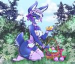 anthro basket blue_body blue_fur breasts clothed clothing container corset easter_egg female flower fur hair holidays legwear lingerie looking_at_viewer nipples panties plant ribbons solo stockings topless topwear tree underwear white_hair ghostblanketboy easter lagomorph leporid mammal rabbit 2017