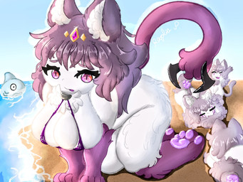 accessory avatars beach bell big_breasts bottomless breasts chest_tuft clothed clothing day embarrassed female group hair hair_accessory inner_ear_fluff jingle_bell looking_at_viewer macro pawpads pupils purple_hair sling_bra slit_pupils topwear topwear_only tuft regal_phantom haze_reverb lily_(haze_reverb) aquatic felid feline fish mammal shark 4:3 hi_res
