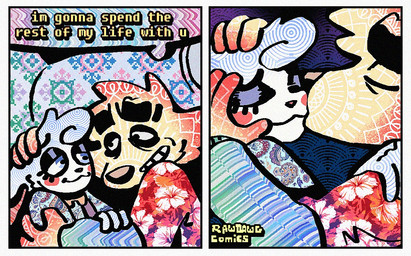 2_panel_comic aloha_shirt anthro bow_tie cheek_spots clothing dialogue duo eyes_closed floppy_ears fur half-closed_eyes kissing kissing_cheek male narrowed_eyes overalls pattern_clothing pattern_shirt pattern_topwear shirt smile text topwear white_body white_fur yellow_body yellow_fur rawdawgcomics bingus_(rawdawgcomics) stahli_(rawdawgcomics) bird_dog canid canine canis domestic_dog golden_retriever hunting_dog lagomorph leporid mammal rabbit retriever comic english_text