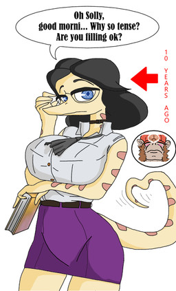 anthro arm_under_breasts big_breasts black_hair blue_eyes blush book bottomwear breasts brown_hair clothed clothed_anthro clothed_female clothing cutaway dialogue directional_arrow duo eyewear female fingers frown glasses hair hat headgear headwear holding_book holding_object humanoid_hands long_hair looking_at_viewer male male/female markings neutral_expression non-mammal_breasts purple_bottomwear purple_clothing purple_skirt shirt simple_background skirt standing striped_markings stripes tail talking_to_viewer tan_body text topwear white_background white_clothing white_shirt white_topwear yellow_body oromaster cavemanon_studios i_wani_hug_that_gator neuron_activation coach_solly ms._prockling dinosaur dromaeosaurid mammal prehistoric_species primate reptile saurischian scalie theropod colored english_text meme shaded