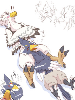 anthro beak blood blue_body blue_feathers blush bodily_fluids braided_hair braided_ponytail cuddling drunk duo feathers green_eyes hair male male/male nosebleed nude ponytail sleeping substance_intoxication yellow_beak kusachi breath_of_the_wild nintendo the_legend_of_zelda revali teba_(tloz) avian rito