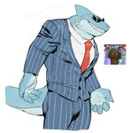 anthro biped blue_body claws clothing eyewear finger_claws gills grey_clothing grey_suit male multicolored_body necktie pinstripe_pants pinstripe_suit pinstripes red_necktie sharp_teeth shirt simple_background solo suit sunglasses teeth topwear two_tone_body white_background white_clothing white_shirt white_topwear bebebebebe omori_(game) mr._jawsum fish marine shark 2023 digital_media_(artwork) hi_res