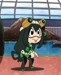 black_hair breasts chibi chromatic_aberration clothing eyelashes eyewear female goggles hair long_tongue skinsuit solo tight_clothing tongue tongue_out water goobermation my_hero_academia asui_tsuyu amphibian amphibian_humanoid animal_humanoid frog_humanoid humanoid animated short_playtime