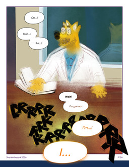 5_fingers anthro blue_clothing blue_shirt blue_topwear book border clothing coat desk dialogue doctor eyebrows fingers furniture imminent_orgasm male offscreen_sex open_mouth reflection rumbling shirt solo sound_effects speech_bubble table text topwear white_border white_clothing white_coat white_topwear window sharkinthepark dr_knot_(sharkinthepark) 2026 absurd_res comic english_text hi_res