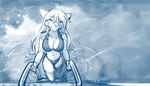 2024 5_fingers 7:4 adobe_photoshop_(artwork) anthro bikini blue_and_white blue_line_art breasts canid canine canis cleavage climbing_ladder clothed clothing colored_line_art conditional_dnp digital_media_(artwork) english_text eyebrow_through_hair eyebrows eyeliner eyes_closed female fingers fur hair hi_res keidran long_hair long_tail makeup mammal monochrome navel outside partially_submerged pool poolside raine_silverlock ripples shaded sketch slim_anthro smile snout solo swimming_pool swimwear tail text tom_fischbach translucent translucent_hair translucent_water two-piece_swimsuit twokinds water water_ripple white_body white_fur wolf