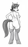 anthro blush breasts clothing female hair hooves horn legwear looking_at_viewer looking_back nipples nude semi-anthro simple_background solo stockings thigh_highs white_background dotoro_(artist) mythology equid equine mammal mythological_creature mythological_equine unicorn 2014 greyscale hi_res monochrome