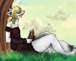 anthro bodily_fluids clothed clothing crossdressing cum dress erection femboy genital_fluids genitals humanoid_genitalia humanoid_penis male masturbation penile penile_masturbation penis solo tail uki_(artist) kento_foxeh canid canine fox mammal 5:4