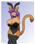 anthro big_breasts blue_eyes bow_(feature) bow_in_front bow_tie breasts bunny_costume choker clothing costume female hair hands_behind_back jewelry legwear lips long_hair necklace orange_body purple_hair smile solo thigh_highs firepawdacat_(artist) firepawdacat domestic_cat felid feline felis mammal hi_res