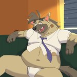 anthro belly big_belly black_nose brown_body clothing detailed_background furniture humanoid_hands kemono male mature_male navel necktie open_mouth overweight overweight_male shirt sitting sofa solo topwear underwear nookdae twende_(series) boss_(twende) hyena mammal 1:1 2024 absurd_res hi_res