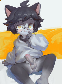 anthro arm_support backward_arm_support balls bedroom_eyes black_hair blush bodily_fluids bottomless bottomless_anthro bottomless_male clothed clothing collar dripping erection eyebrows eyewear foreskin fur genital_fluids genitals glasses grey_body grey_eyebrows grey_fur hair leaking_precum leaning leaning_backward licking licking_lips looking_at_viewer male male_anthro multicolored_body multicolored_fur narrowed_eyes partially_retracted_foreskin penis precum precum_drip precum_on_penis round_glasses seductive shadow simple_background sitting smile smiling_at_viewer smirk smirking_at_viewer solo spread_legs spreading sweater sweater_only tongue tongue_out topwear topwear_only two_tone_body two_tone_fur white_clothing white_sweater white_topwear yellow_eyes young young_anthro young_male puinkey_(artist) domestic_cat felid feline felis mammal 2025 absurd_res digital_media_(artwork) digital_painting_(artwork) full-length_portrait hi_res painting_(artwork) portrait