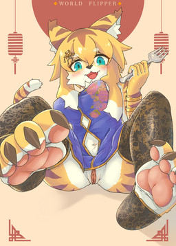 4_toes anthro barefoot blush breasts claws clothed clothing cutlery feet female foot_focus fork fur genitals green_eyes hair kitchen_utensils looking_at_viewer open_mouth pawpads paws plantigrade smile soles solo stripes toe_claws toes tools vulva yellow_body yellow_fur appleblacktea88 cygames world_flipper mia_(world_flipper) felid mammal pantherine tiger hi_res