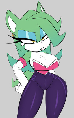 anthro armwear bare_shoulders big_breasts breasts cleavage clothed clothing cosplay countershading ear_piercing ear_ring elbow_gloves eyelashes eyeshadow female fur gloves green_body green_fur green_hair grey_background hair hand_on_hip handwear heart_clothing heart_symbol makeup markings mole_(marking) mole_on_breast narrowed_eyes piercing ring_piercing simple_background small_waist solo strapless_clothing thick_thighs tight_clothing white_body white_countershading white_fur wide_hips yellow_eyes nelljoestar sega sonic_the_hedgehog_(series) fan_character rouge_the_bat mammal species_request 2026 hi_res portrait three-quarter_portrait