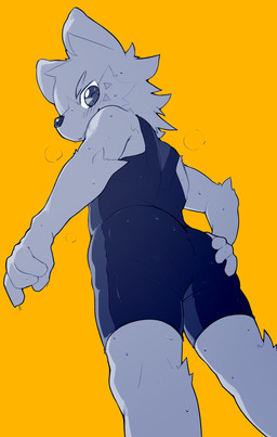 4_fingers anthro arm_tuft black_nose blue_clothing blue_leotard blue_shirt blue_tank_top blue_topwear bodily_fluids breath butt butt_focus clothing fingers fur fur_markings glistening glistening_body glistening_butt hand_on_butt head_tuft leg_tuft leotard looking_back looking_down low-angle_view male markings presenting presenting_hindquarters shirt shoulder_blades simple_background smile smiling_at_viewer smirk smirking_at_viewer solo sweat sweatdrop sweaty_butt sweaty_legs sweaty_thighs tank_top tight_clothing topwear tuft yellow_background young young_anthro young_male jinnosound canid canine canis mammal wolf hi_res monochrome portrait three-quarter_portrait