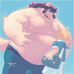 anthro belly black_nose blue_background bottomwear clothing duo humanoid_hands male moobs overweight overweight_male pants simple_background greenendorf canid canine canis human mammal wolf 1:1 2015