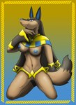 anthro blue_eyes blue_nipples breasts brown_body brown_fur female fur gold_(metal) nipples pose solo thehatredburrito egyptian_mythology middle_eastern_mythology mythology palworld pocketpair anubis anubis_(pal) canid canine canis deity jackal mammal pal_(species) absurd_res hi_res pinup