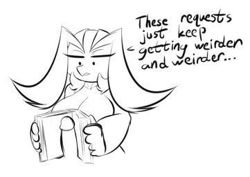 anthro big_breasts book breasts dot_eyes duo eyebrows faceless_character faceless_male female genitals hair holding_book holding_object long_sleeve_shirt male open_book penis simple_eyes text averyshadydolphin mythology miajou dragon human jou mammal mythological_creature mythological_scalie scalie 2017 english_text monochrome unavailable_at_source