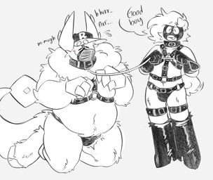 2_horns 4_fingers anthro arf arm_tuft aroused big_tail blush bondage_gear boots bulge cheek_tuft clothing collar elbow_tuft facial_tuft fingers footwear gimp_mask good_boy harness hat headgear headwear hooves horn humanoidized kneeling larger_anthro latex latex_boots latex_clothing latex_footwear leash leashed_collar long_tail male male/male mask mostly_nude muzzle_(object) neck_tuft overweight overweight_male praise shoes size_difference smaller_humanoid smile solo tail tail_motion tailwag tuft unguligrade koi_567 forsaken_(roblox) guest_666_(forsaken) noob_(forsaken) animal_humanoid canid canid_humanoid canine canine_humanoid demon dog_humanoid humanoid mammal mammal_humanoid monster hi_res monochrome sketch nonbinary_(lore)