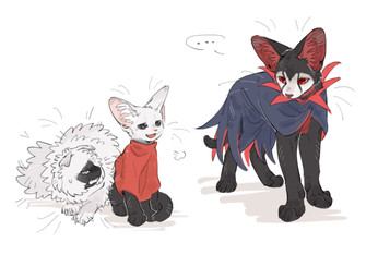 ambiguous_gender black_body black_fur clothing ellipsis feral feralized fluffy fluffy_tail fur grey_eyes group inner_ear_fluff looking_at_another open_mouth open_smile paws quadruped red_eyes sharp_teeth simple_background smile speech_bubble standing tail teeth tongue trio tuft white_background white_body white_fur white_sclera aaasakawa hollow_knight:_silksong hollow_knight_(franchise) team_cherry grimm_(hollow_knight) hornet_(hollow_knight) lace_(hollow_knight:_silksong) felid feline mammal 2026 hi_res female_(lore) male_(lore)