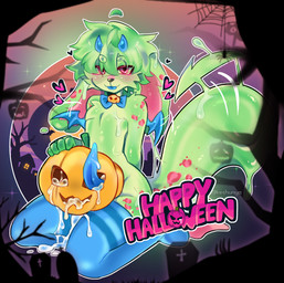 2_horns anthro bedroom_eyes blue_clothing blue_genitals blue_horn blue_penis blue_tongue blush bodily_fluids bow_(feature) cemetery clothed clothing collar costume cum cum_drip cum_in_mouth cum_inside cum_on_face dripping ejaculation erection fangs femboy floppy_ears food food_fetish footwear fruit fur genital_fluids genitals green_body green_fur green_hair hair heart_symbol holidays horn improvised_sex_toy jack-o'-lantern kneeling legwear long_ears looking_at_viewer male male_anthro markings membrane_(anatomy) membranous_wings narrowed_eyes nude penile penis pink_eyes plant pumpkin red_eyes seductive simple_background slime smile socks solo stockings tail tail_motion tailwag tapering_penis teeth text thick_thighs thigh_highs tombstone tongue tongue_out tree tuft wings keshunya halloween canid canine demon goo_creature hybrid lagomorph leporid mammal rabbit digital_media_(artwork) english_text hi_res