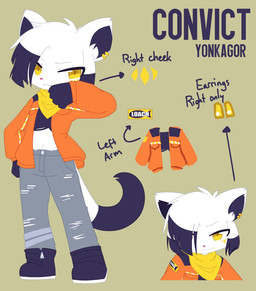 ambiguous_gender anthro bangs biped black_body black_clothing black_ears black_fur black_hair black_tail bottomwear clothing ear_piercing ear_ring footwear fur fur_markings grey_clothing hair kerchief markings multicolored_body multicolored_ears multicolored_fur multicolored_hair orange_clothing paws piercing ring_piercing solo tail text topwear torn_clothing two_tone_body two_tone_ears two_tone_fur two_tone_hair two_tone_tail white_body white_clothing white_ears white_fur white_hair white_tail yellow_eyes yonkagor convict_(yonkagor) domestic_cat felid feline felis mammal 2022 character_name model_sheet