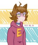 brown_hair choker clothed clothing emotionless femboy hair hoodie jewelry male necklace short_hair simple_background slim solo text text_on_clothing text_on_hoodie text_on_topwear topwear yellow_eyes catlad niko_(catlad) animal_humanoid cat_humanoid felid felid_humanoid feline feline_humanoid humanoid mammal mammal_humanoid hi_res