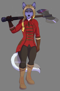 anthro axe blonde_hair blue_eyes braided_hair clothing female fur grey_body grey_fur hair melee_weapon solo uniform weapon white_body white_fur bitesize_art canid canine canis mammal wolf absurd_res hi_res